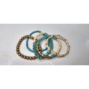 Lot of 5 Aqua, Gold Tone and Cream Stretch Beaded Bracelets